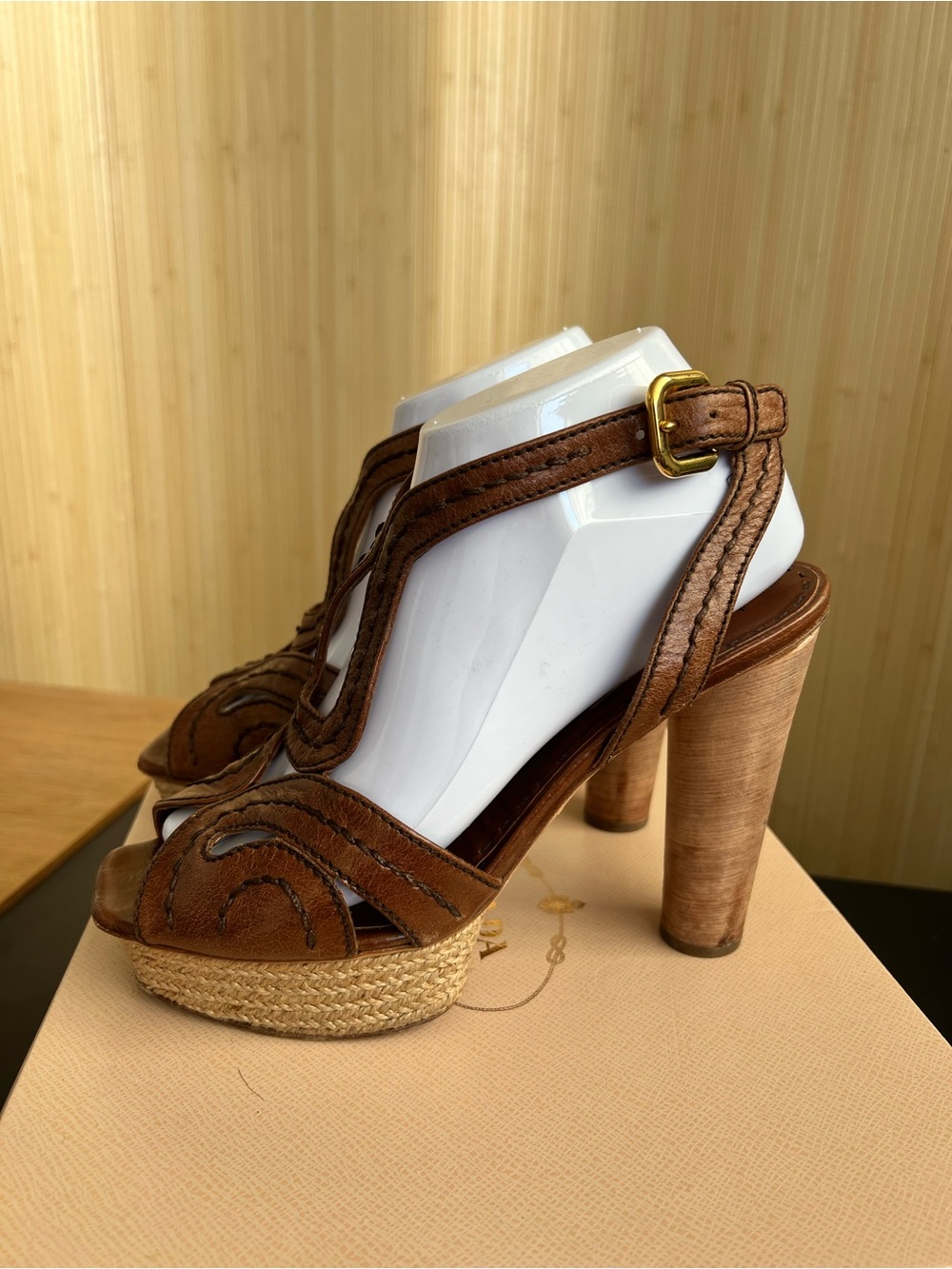 Prada Brown Leather Woven Platform Heel Sandals - Picture 2 of 5